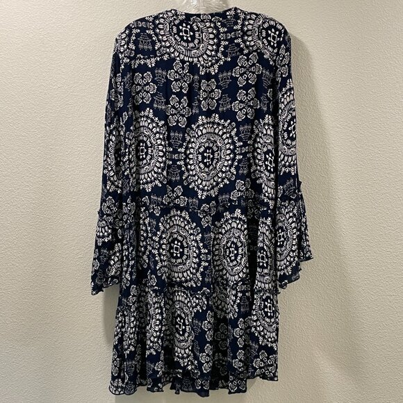 NWT ELAN "Charli" Mini Dress Bell Sleeve Tiered Paisley Navy Woman Size XL - Picture 3 of 9